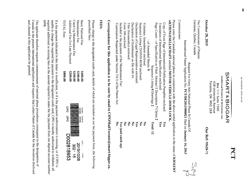 Canadian Patent Document 2910535. National Entry Request 20151028. Image 1 of 3