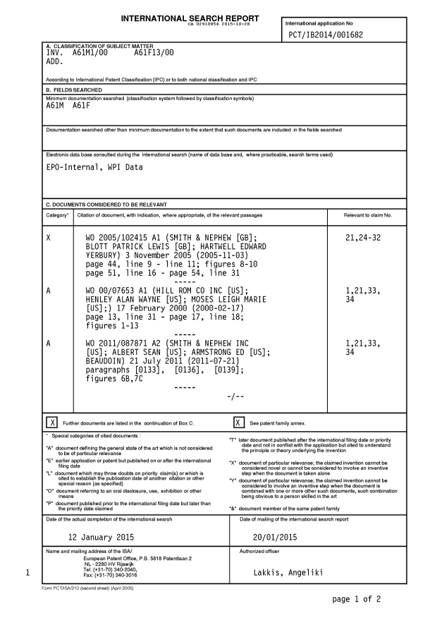 Canadian Patent Document 2910854. International Search Report 20151028. Image 1 of 4