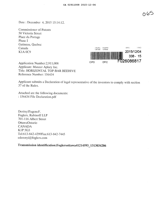 Document de brevet canadien 2911008. Réponse à l'article 37 20151204. Image 1 de 4