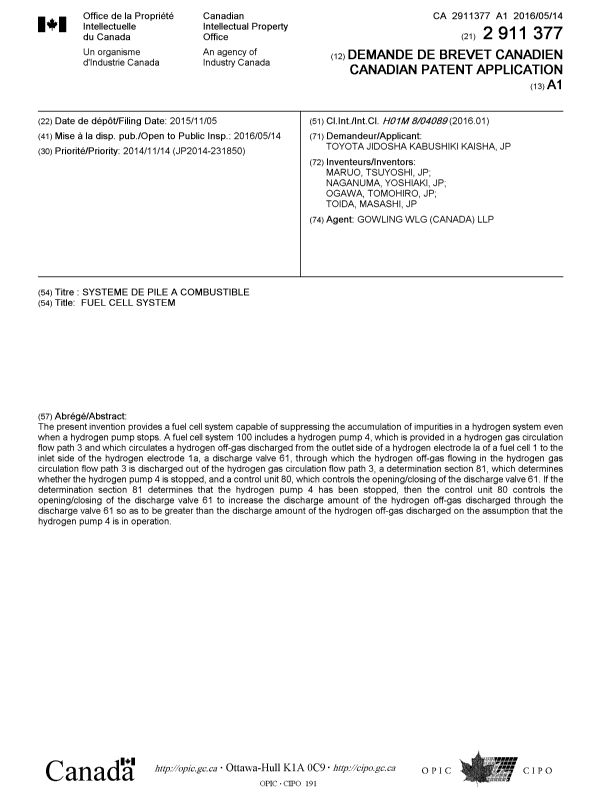 Document de brevet canadien 2911377. Page couverture 20160419. Image 1 de 1