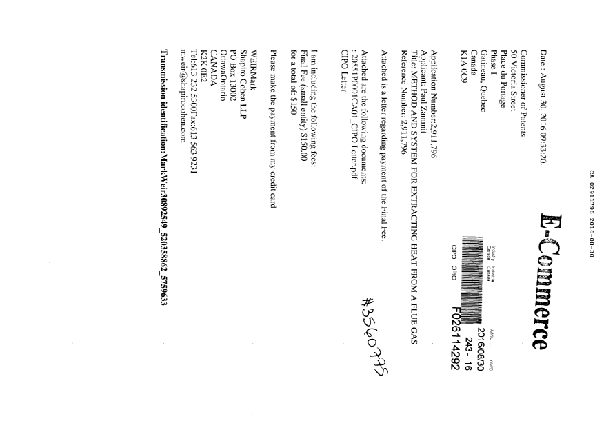 Document de brevet canadien 2911796. Correspondance 20151230. Image 1 de 3
