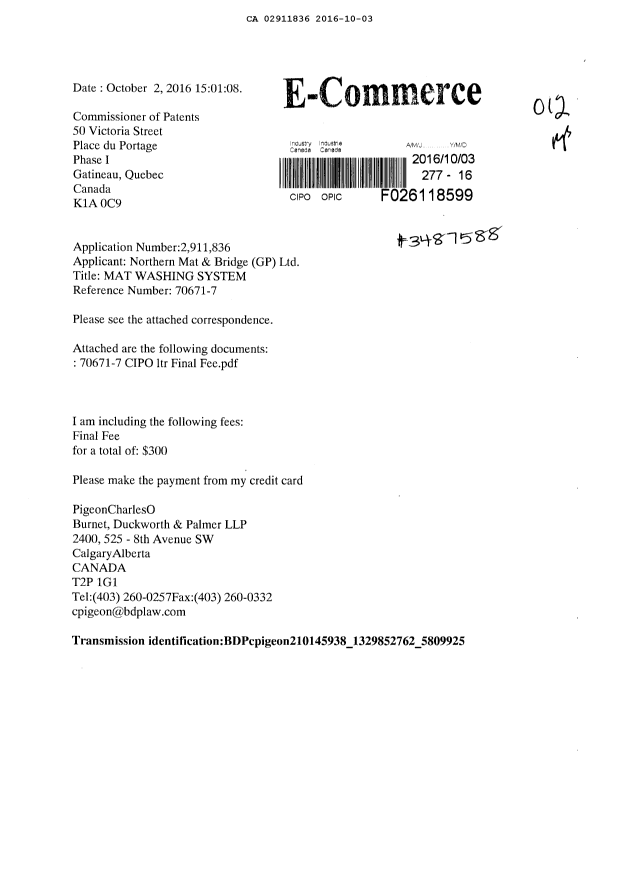 Document de brevet canadien 2911836. Correspondance 20151203. Image 1 de 2