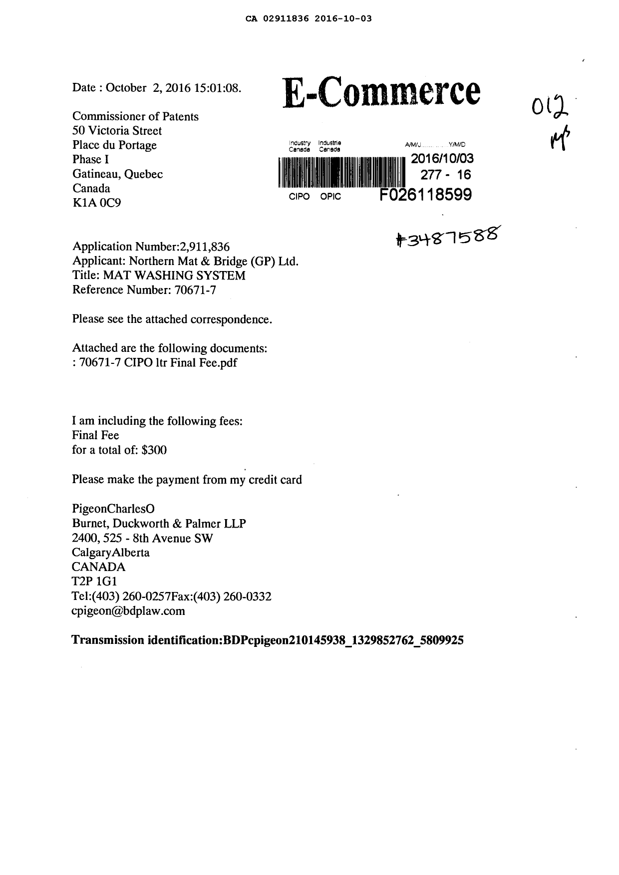 Canadian Patent Document 2911836. Correspondence 20151203. Image 1 of 2
