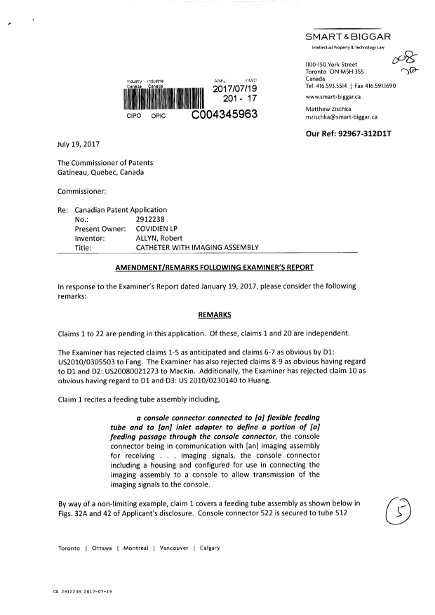 Document de brevet canadien 2912238. Modification 20170719. Image 1 de 5
