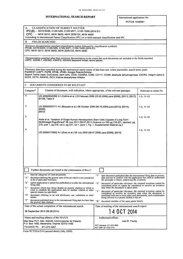 Document de brevet canadien 2912688. Rapport de recherche internationale 20151113. Image 1 de 2