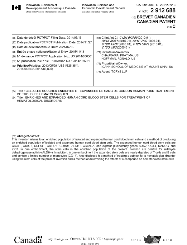Document de brevet canadien 2912688. Page couverture 20210618. Image 1 de 1