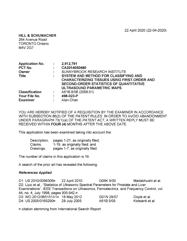Canadian Patent Document 2912791. Examiner Requisition 20200422. Image 1 of 4