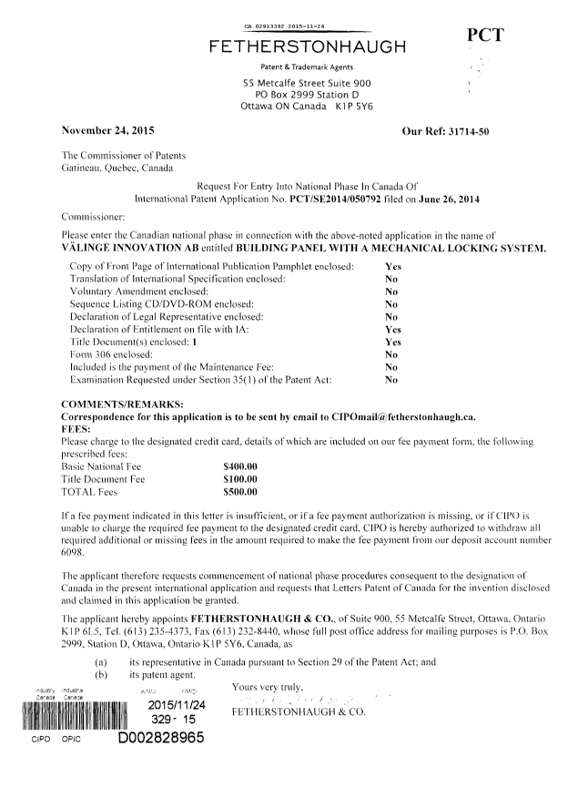 Document de brevet canadien 2913392. Demande d'entrée en phase nationale 20151124. Image 1 de 3