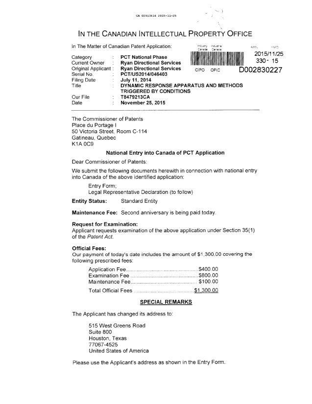 Canadian Patent Document 2913616. National Entry Request 20151125. Image 1 of 5