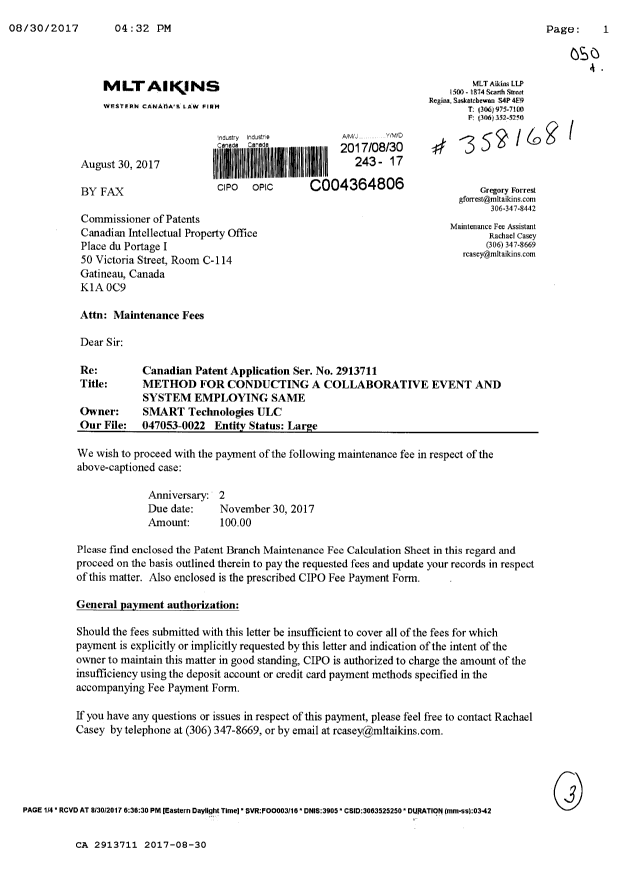Document de brevet canadien 2913711. Paiement de taxe périodique 20170830. Image 1 de 3