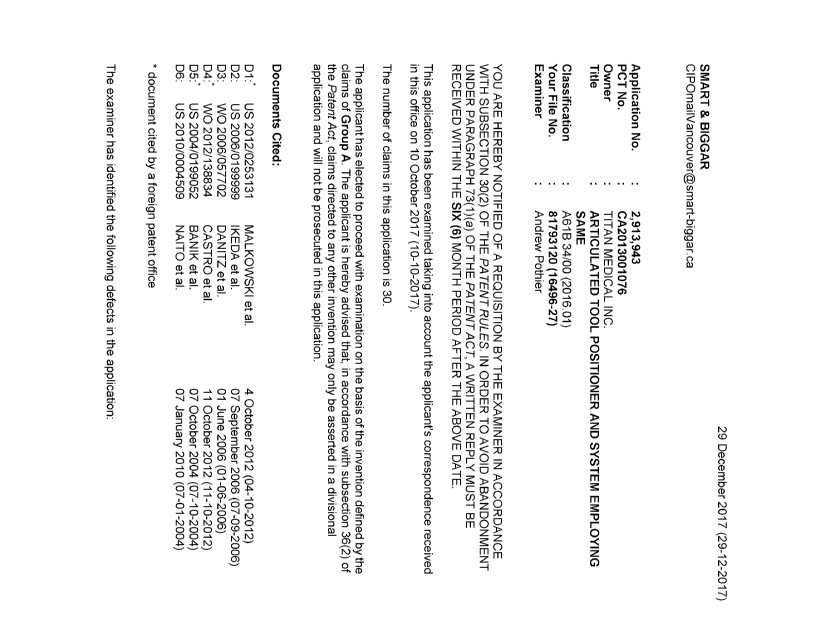 Document de brevet canadien 2913943. R30(2) Requête de l'examinateur 20161229. Image 1 de 4