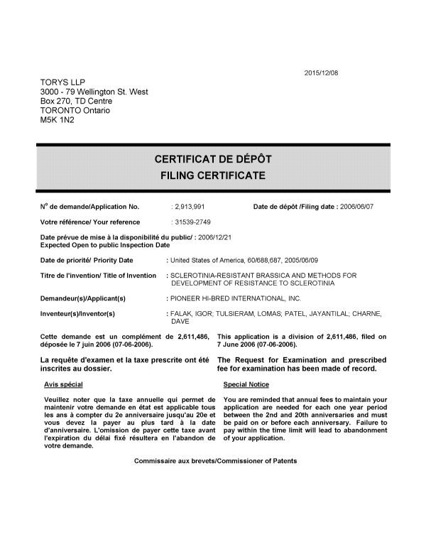 Canadian Patent Document 2913991. Divisional - Filing Certificate 20151208. Image 1 of 1