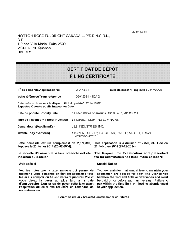 Document de brevet canadien 2914574. Complémentaire - Certificat de dépôt 20151218. Image 1 de 1