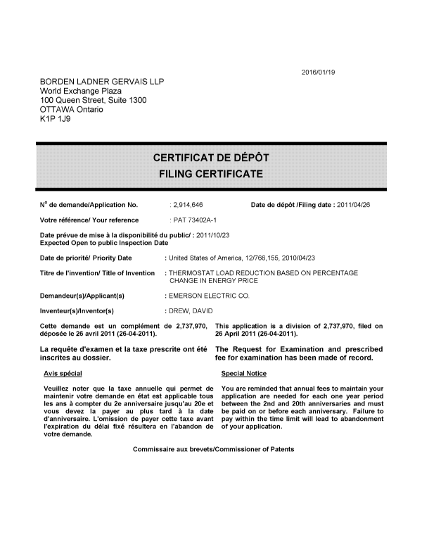 Document de brevet canadien 2914646. Complémentaire - Certificat de dépôt 20160119. Image 1 de 1