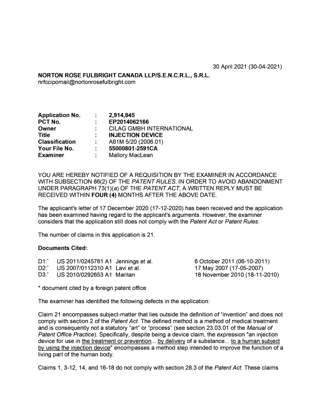 Document de brevet canadien 2914845. Demande d'examen 20210430. Image 1 de 6