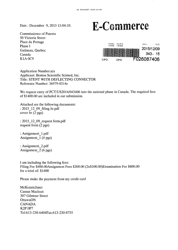 Document de brevet canadien 2914947. Demande d'entrée en phase nationale 20141209. Image 1 de 16