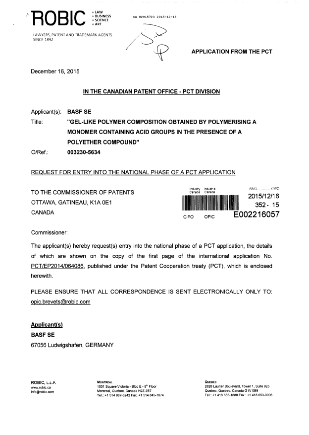 Canadian Patent Document 2915723. National Entry Request 20151216. Image 1 of 8