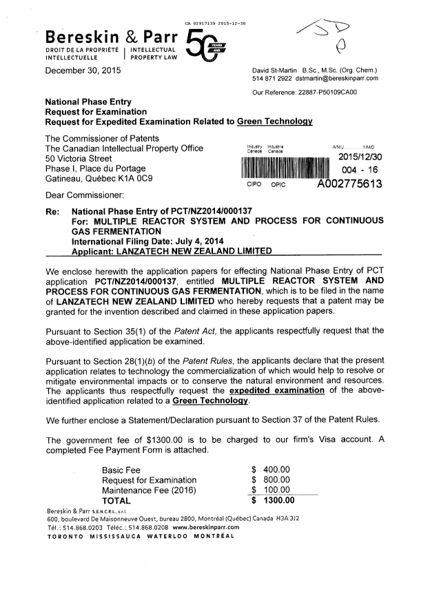 Document de brevet canadien 2917139. Demande d'entrée en phase nationale 20151230. Image 1 de 5