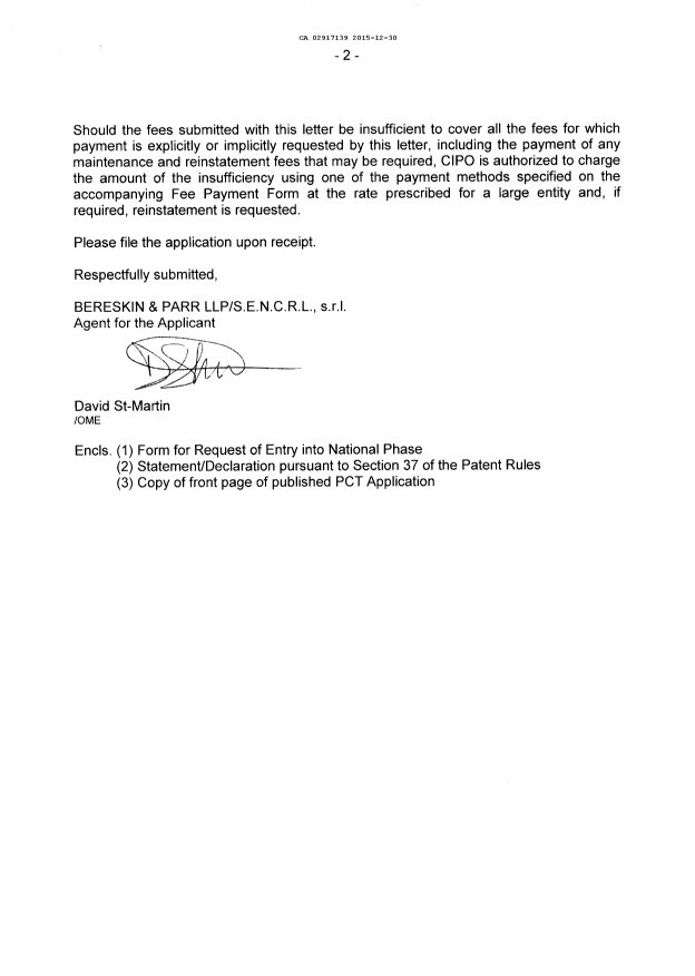 Document de brevet canadien 2917139. Demande d'entrée en phase nationale 20151230. Image 2 de 5