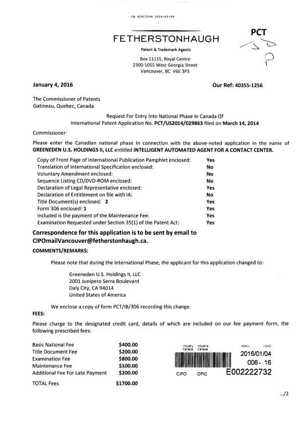 Document de brevet canadien 2917294. Demande d'entrée en phase nationale 20160104. Image 1 de 10