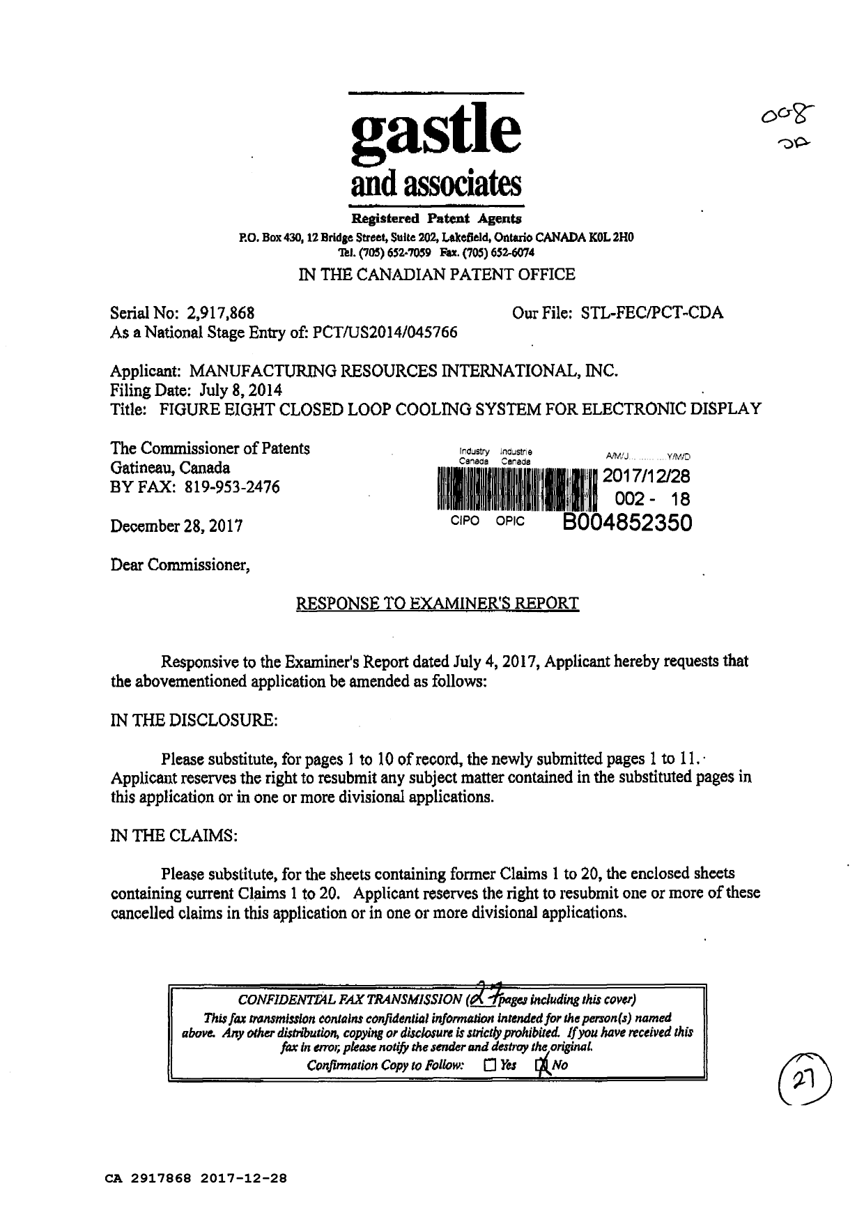 Canadian Patent Document 2917868. Amendment 20171228. Image 1 of 27