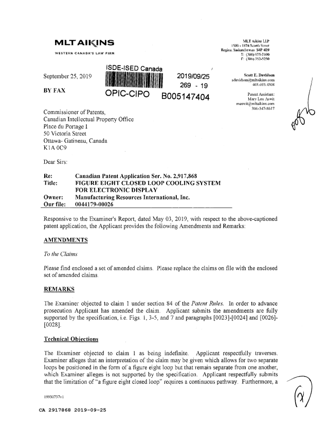 Document de brevet canadien 2917868. Modification 20190925. Image 1 de 7