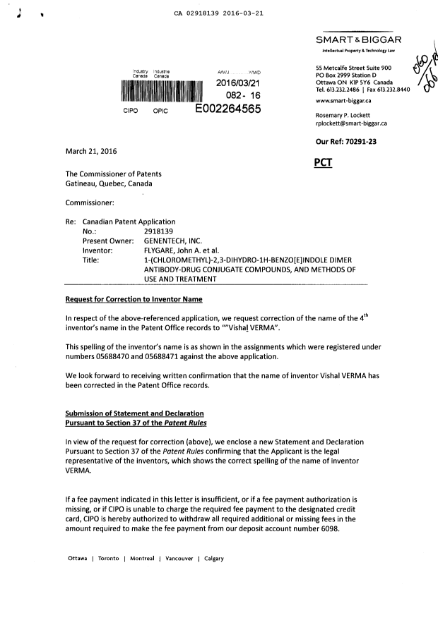 Canadian Patent Document 2918139. Response to section 37 20151221. Image 1 of 3