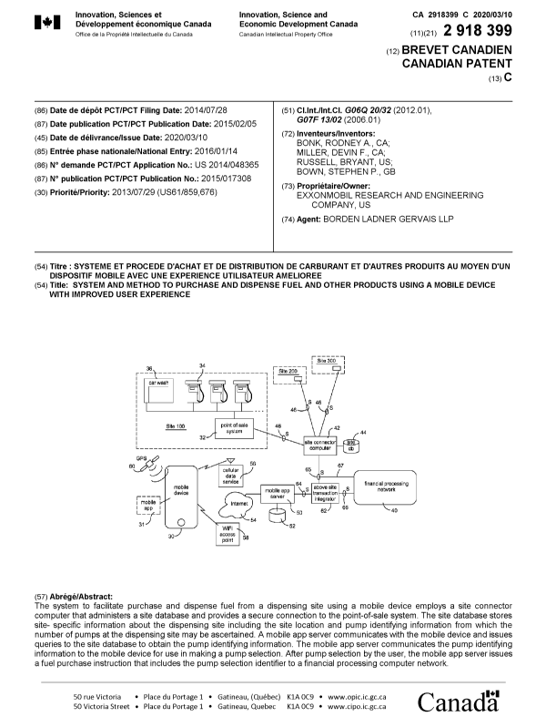 Canadian Patent Document 2918399. Cover Page 20200214. Image 1 of 1