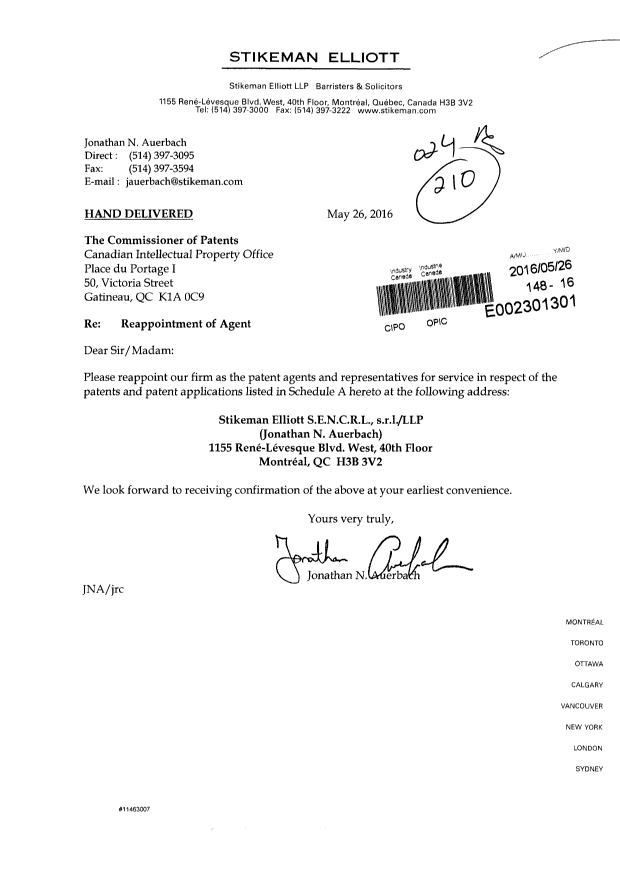 Document de brevet canadien 2919667. Correspondance 20151226. Image 1 de 16