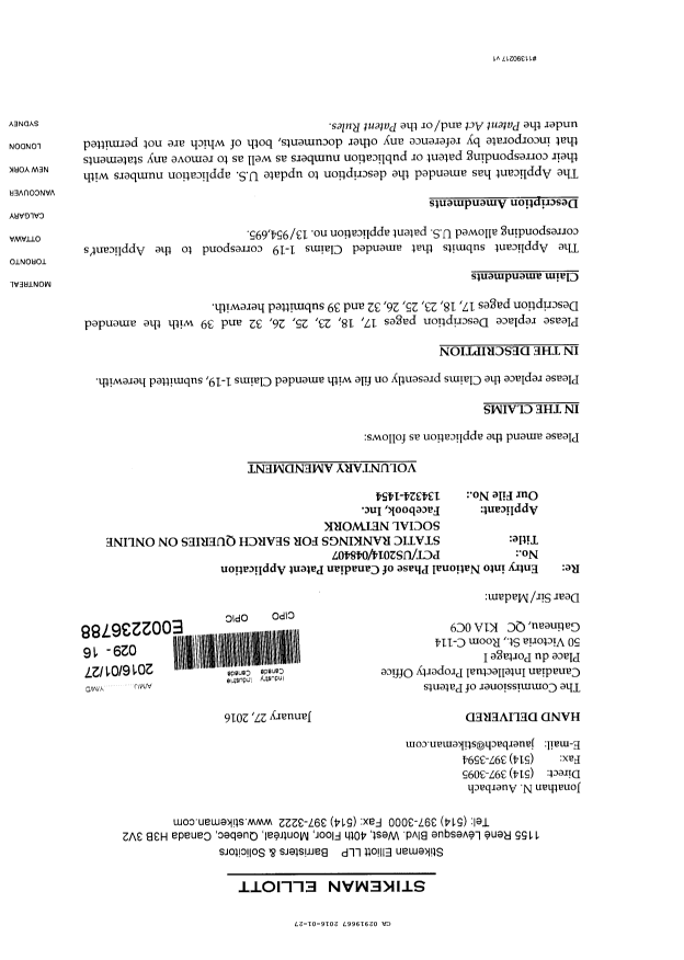 Canadian Patent Document 2919667. Prosecution-Amendment 20151227. Image 1 of 14