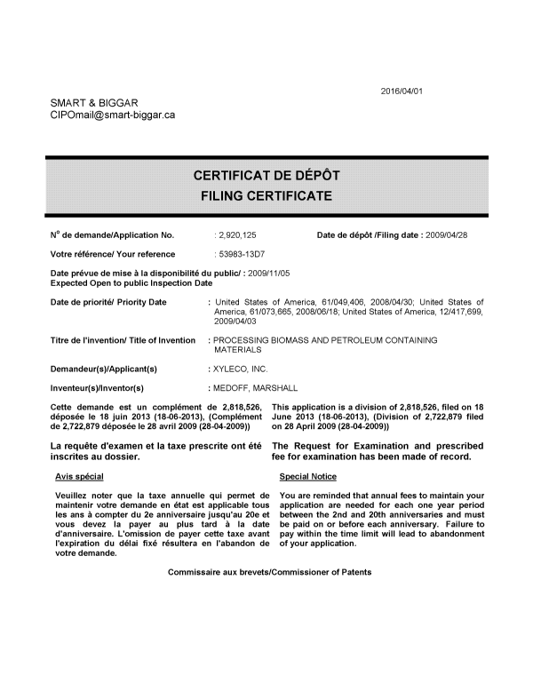 Canadian Patent Document 2920125. Correspondence 20151201. Image 1 of 1