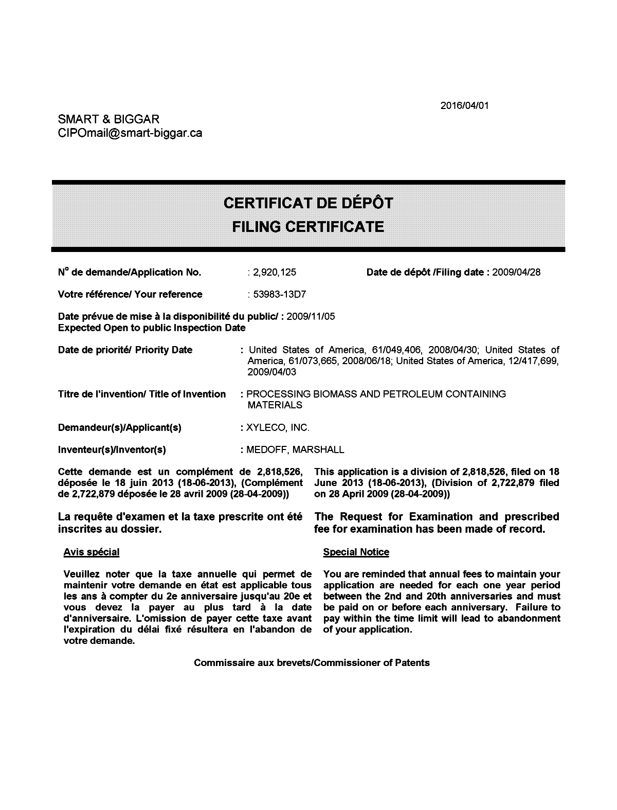 Document de brevet canadien 2920125. Correspondance 20151201. Image 1 de 1