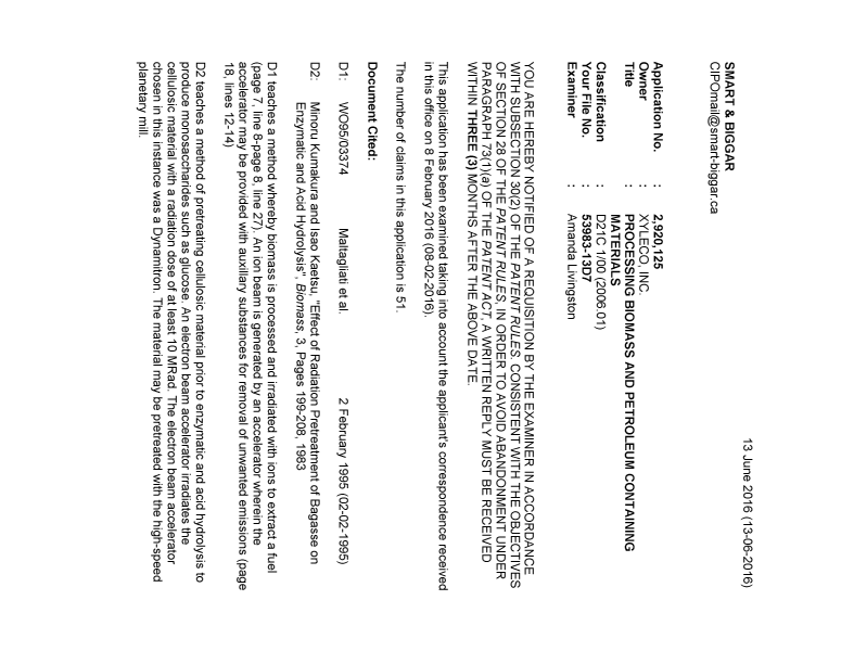 Document de brevet canadien 2920125. Demande d'examen 20160613. Image 1 de 5