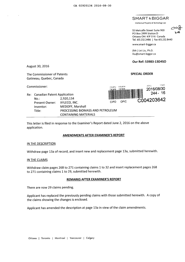 Canadian Patent Document 2920134. Prosecution-Amendment 20151230. Image 1 of 12