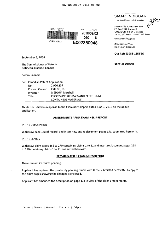 Document de brevet canadien 2920137. Poursuite-Amendment 20151202. Image 1 de 11