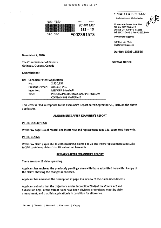 Canadian Patent Document 2920137. Prosecution-Amendment 20151207. Image 1 of 9