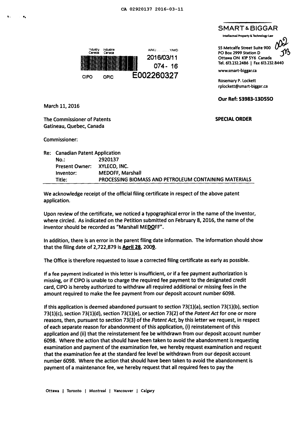 Document de brevet canadien 2920137. Correspondance 20151211. Image 1 de 3