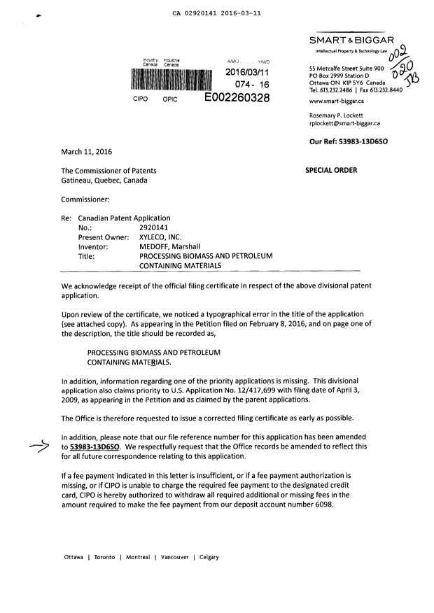 Canadian Patent Document 2920141. Correspondence 20151211. Image 1 of 3