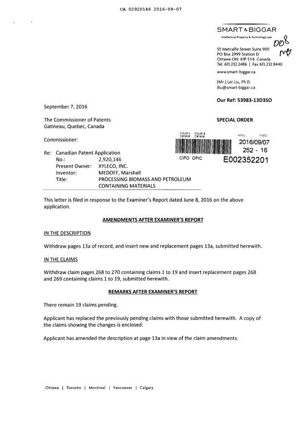 Document de brevet canadien 2920146. Poursuite-Amendment 20151207. Image 1 de 9