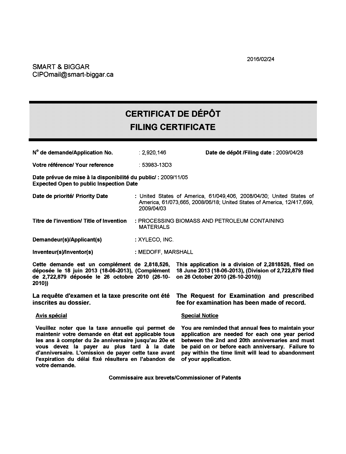 Canadian Patent Document 2920146. Correspondence 20151224. Image 1 of 1