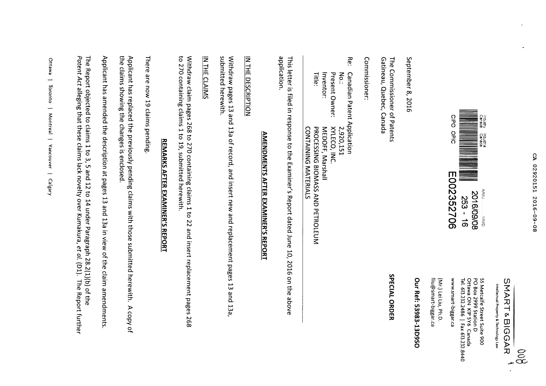 Document de brevet canadien 2920151. Poursuite-Amendment 20151208. Image 1 de 10