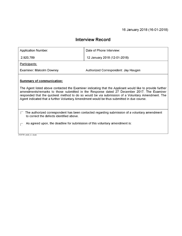 Document de brevet canadien 2920789. Note d'entrevue avec page couverture enregistrée 20180116. Image 1 de 1