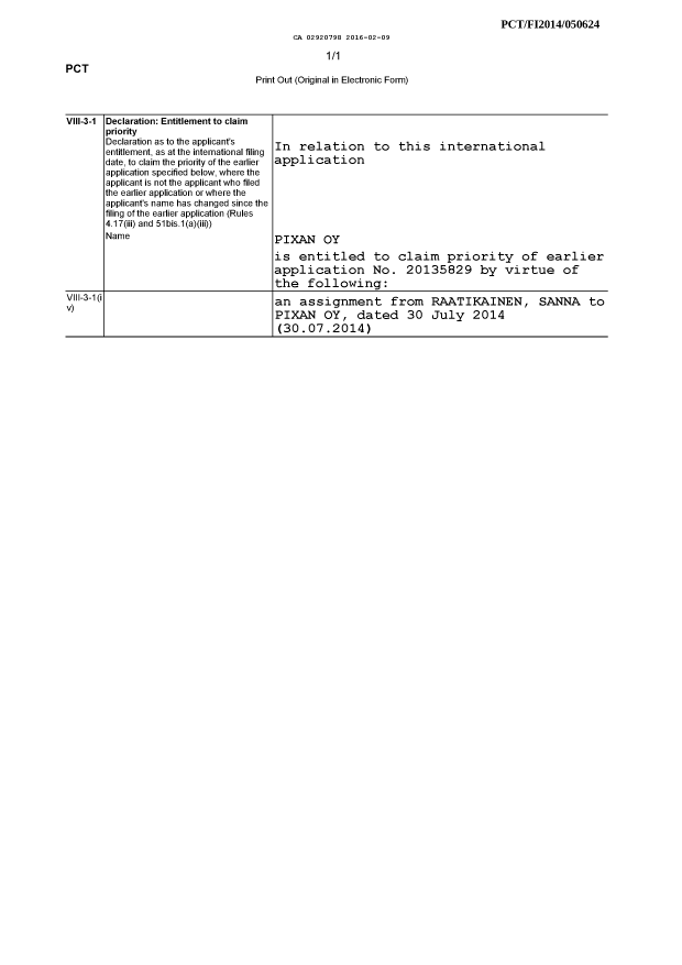 Canadian Patent Document 2920798. Declaration 20160209. Image 1 of 1
