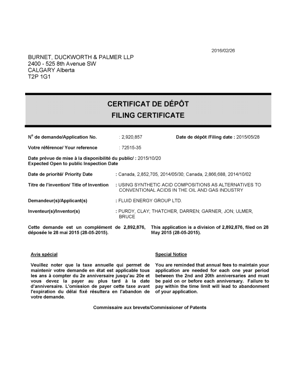 Canadian Patent Document 2920857. Divisional - Filing Certificate 20160226. Image 1 of 2