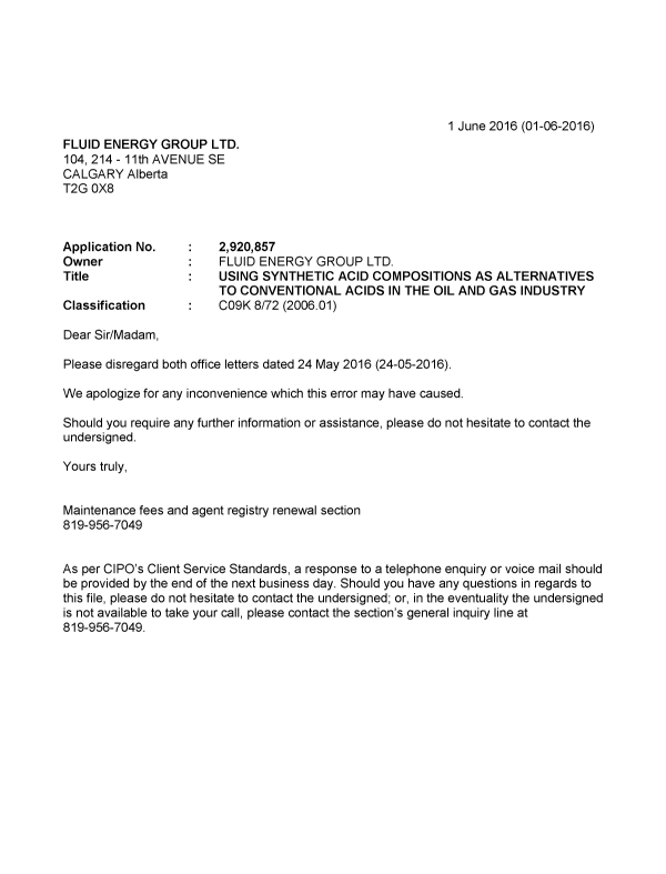 Canadian Patent Document 2920857. Office Letter 20160601. Image 1 of 1