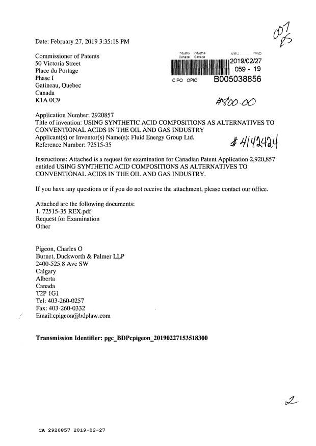 Canadian Patent Document 2920857. Request for Examination 20190227. Image 1 of 2