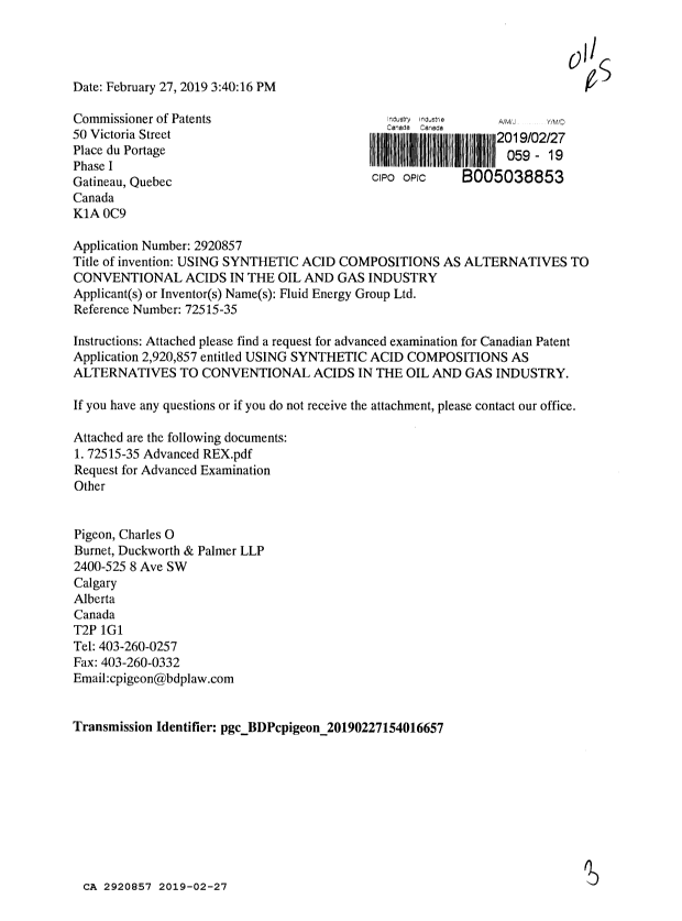 Canadian Patent Document 2920857. Special Order 20190227. Image 1 of 3