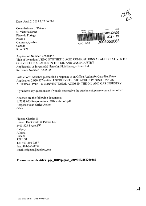 Canadian Patent Document 2920857. Amendment 20190402. Image 1 of 4