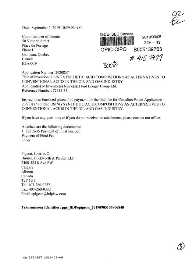 Canadian Patent Document 2920857. Final Fee 20190905. Image 1 of 3
