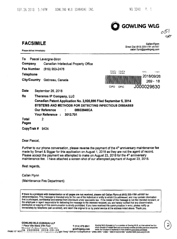 Document de brevet canadien 2920896. Correspondance taxe de maintien 20180926. Image 1 de 2